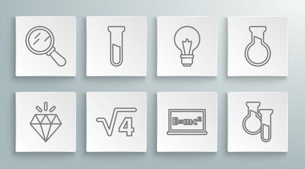 Wall Mural - Set line Diamond, Test tube and flask, Square root of 4 glyph, Equation solution, Light bulb with concept idea, and Magnifying glass icon. Vector