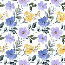 Yellow Purple Floral Watercolor Seamless Pattern