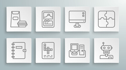 Poster - Set line Spiral notebook, Card game, Crossword, Monitor with keyboard, Robot, Computer monitor screen, Piece of puzzle and Burger icon. Vector