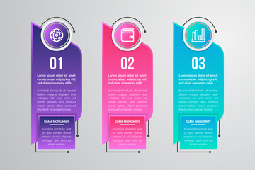 Poster - three steps vector illustration of half hexagonal block infographic element. vertical layout with icon. isolated on grey color horizontal background.