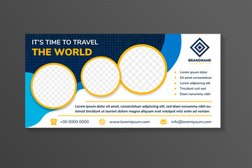 Wall Mural - Banner template design for promotion of travel and tour company. horizontal layout with circle space for photo. yellow and multicolor blue elements. white background.