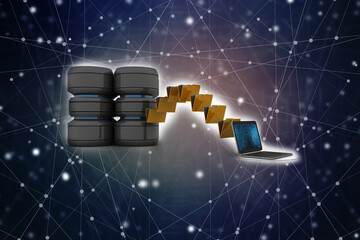 Poster - 3d rendering Database storage data base with cloud folder storage in laptop