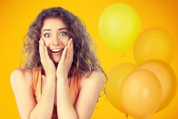 Poster - Young happy woman celebrating birthday holiday party hold bunch of colorful balloons