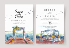 Wedding Invitation Of Nature Landscape With Wedding Gate On Dock And Lake View Watercolor