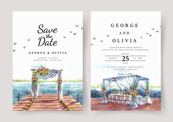 Wall Mural - Wedding invitation of nature landscape with wedding gate on dock and lake view watercolor