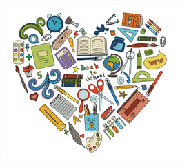 Fototapete - Back to school. Big vector doodle set. Stationery for school, university and office. Hand-drawn school supplies. A set of colored flat icons. Cartoon illustrations for elementary school.