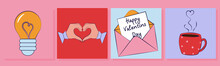Set Of Valentine's Day Greeting Cards With Pink Hearts,light Bulb, Envelope, Inscription, Hands