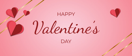 Happy Valentine's Day banner. Festive banner in pink with golden ribbons 