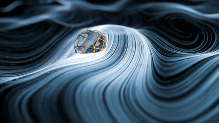 Poster - Animation of white and blue abstract curved lines with a high tech glass and metal sphere and small light particles flowing. Depth of field. 3D rendering