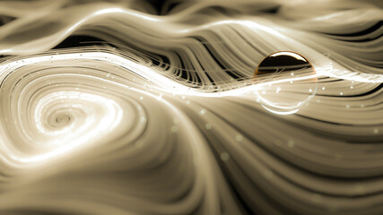 Poster - Animation of sepia brown abstract curved lines and shapes with a glass sphere among them and small light particles flowing along. Depth of field settings. 3D rendering