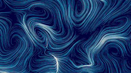 Poster - Animation of orange and blue abstract curved lines with small light particles flowing along them. 3D rendering
