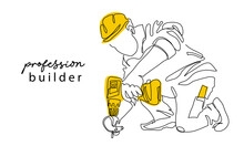 Builder Man Holding Yellow Drill And Wearing Helmet. One Continuous Line Art Drawing Vector Sketch Of Builder