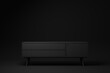 Black sideboard. Shelf tv on black background. minimal concept idea. monochrome. 3d render.