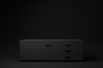 Sticker - Black sideboard. Shelf tv on black background. minimal concept idea. monochrome. 3d render.