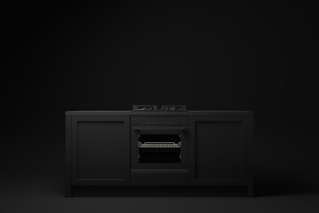 Wall Mural - Black cabinets close-up, kitchen interior with modern furniture on black background. minimal concept idea. 3d render.