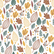 Autumn Leaves Seamless Pattern In Brown, Yellow, Green Colours, Hand-drawn Leaf, Nature, Forest, Leaves Pattern