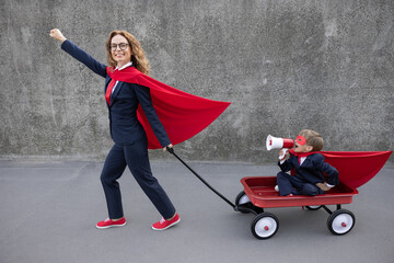 Sticker - Happy woman and child going to work outdoor