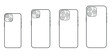 Lviv, Ukraine - January, 19, 2022:  iPhone 13 back, series, line. Vector line drawings smartphone mockup. iPhone back side. Vector illustration
