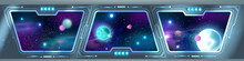 Space Ship Interior Background, Spaceship Station Panoramic Window, Futuristic Shuttle View, Planets. Sci-fi Game Rocket Room Concept, Galaxy Universe Illustration, Stars Neon Blue Sky. Spaceship Hall