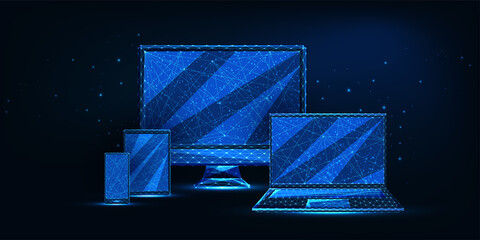 Futuristic set of computer monitor, laptop, tablet, smartphone with glowing low polygonal style