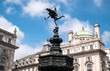 Winged statue of Anteros at the Shaftesbury Memorial Fountain (Eros), by artist Alfred Gilbert. Piccadilly Circus in London, England, United Kingdom.
