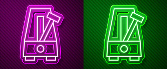 Canvas Print - Glowing neon line Classic Metronome with pendulum in motion icon isolated on purple and green background. Equipment of music and beat mechanism. Vector