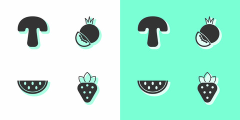 Sticker - Set Strawberry, Mushroom, Watermelon and Tomato icon. Vector