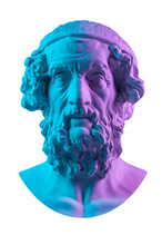 Blue Pink Gypsum Copy Of Ancient Statue Homer Head For Artists. Plaster Antique Sculpture Of Human Face. Ancient Greek Poet And Philosopher Homer Is The Legendary Author Of The Poems Iliad And Odyssey