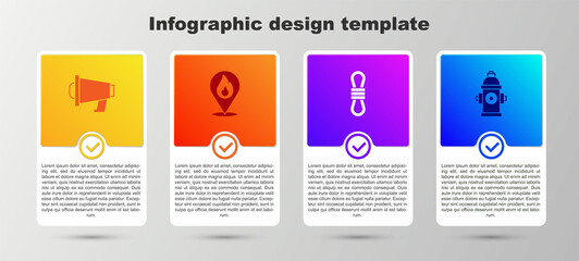 Sticker - Set Megaphone, Location with fire flame, Climber rope and Fire hydrant. Business infographic template. Vector