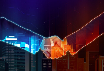 Poster - Business Dealing in Metaverse and Virtual Reality World Background. Handshake in Metaverse Abstract backdrop with glowing buildings