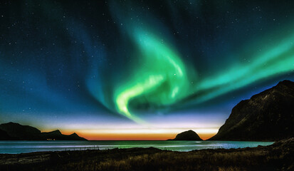 northern lights on sky in lofoten islands, norway