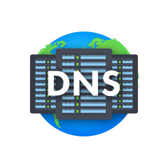 Poster - DNS Domain Name System Server. Global communication network concept. Web search concept. Vector illustration.