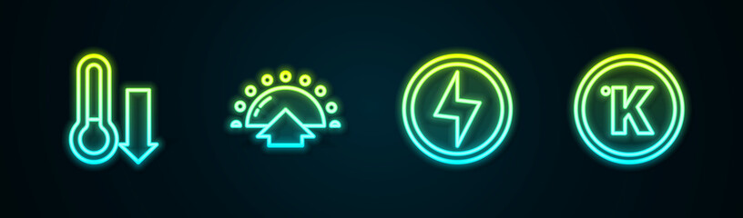 Sticker - Set line Meteorology thermometer, Sunrise, Lightning bolt and Kelvin. Glowing neon icon. Vector