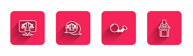 Sticker - Set line Scales of justice, , Ball on chain and Judge with long shadow. Red square button. Vector