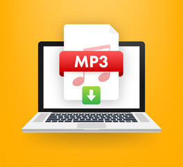 Leinwandbilder - Download MP3 button on laptop screen. Downloading document concept. File with MP3 label and down arrow sign. Vector illustration.