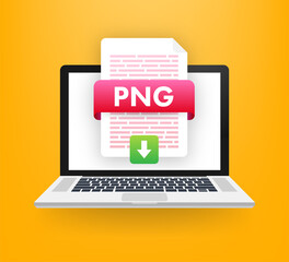 Leinwandbilder - Download PNG button on laptop screen. Downloading document concept. File with PNG label and down arrow sign. Vector illustration.