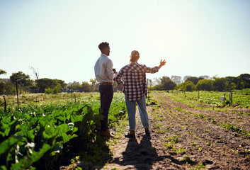 Poster - Live life to the greenest. Rearview shot of two young farmers looking at a tablet while working on their farm.
