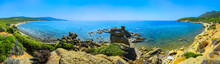 Sea Landscape Panorama - Rocky Shore, Waves And Blue Clear Water