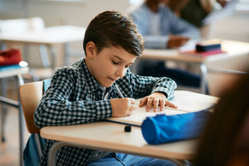 Wall Mural - Elementary student writes in notebook during a class at school.