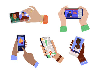 Poster - set of hands with smartphones. characters hold phones, watch videos, listen to music, social media, 