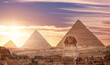 Banner Main tourist view famous wonder of world Sphinx and pyramids Giza, Egypt sunset sky