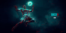 Football Soccer Player Man In Action Isolated Blue Background. Vector Illustration