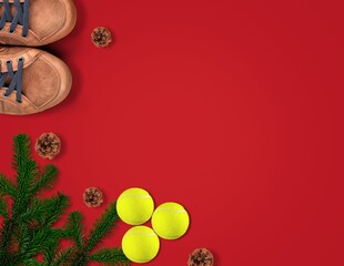 Wall Mural - Tennis Christmas, Happy New Year concept with tennis balls, sneakers and fir tree branches.