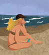 Młoda dziewczyna w bikini i czapeczce siedząca na plaży