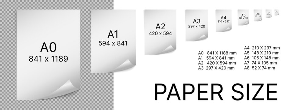 Wall Mural - Paper size series A. A0, A1, A2, A3, A4, A5, A6, A7, A8 3d paper sheet format. Realistic mock up set. Vector illustration
