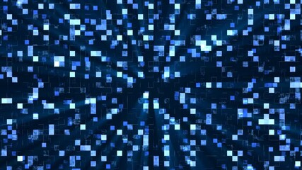 Aufkleber - Animation abstract mosaic background. Texture of moving squares and lines. Design of technical interference. Maze. White noise. Pixels. Blue color. Glowing rays. Banner technology, social network. 4k