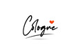 Cologne city text with red love heart design.  Typography handwritten design icon
