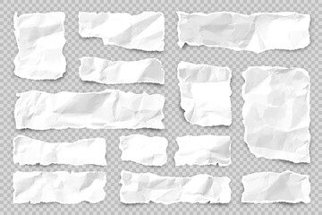 Wall Mural - Ripped paper strips on transparent background. Realistic crumpled paper scraps with torn edges. Shreds of notebook pages. Vector illustration.