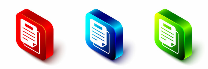 Poster - Isometric Document icon isolated on white background. File icon. Checklist icon. Business concept. Red, blue and green square button. Vector