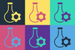 Pop art Test tube and flask chemical laboratory test icon isolated on color background. Laboratory glassware sign. Vector
